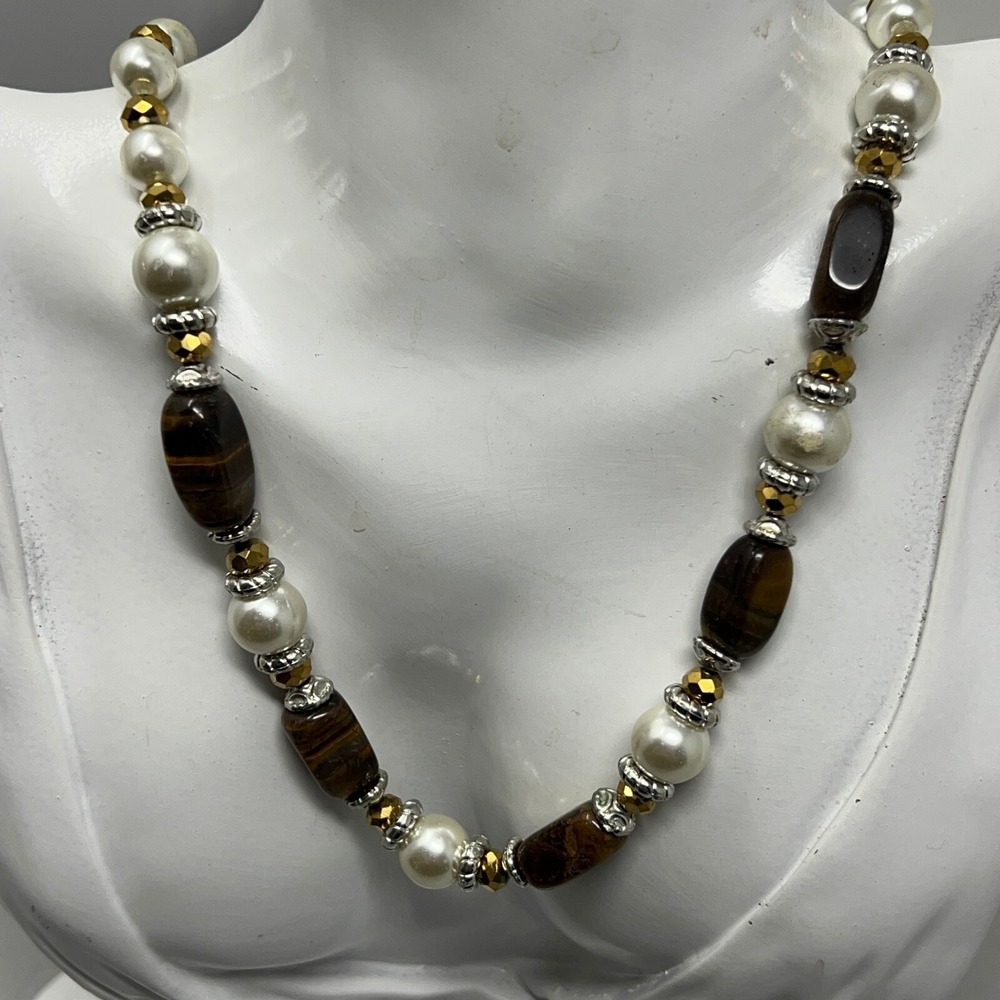 Vintage Necklace‎ Simulated Pearl Tiger Eye Gold Tone Beads 18 inches